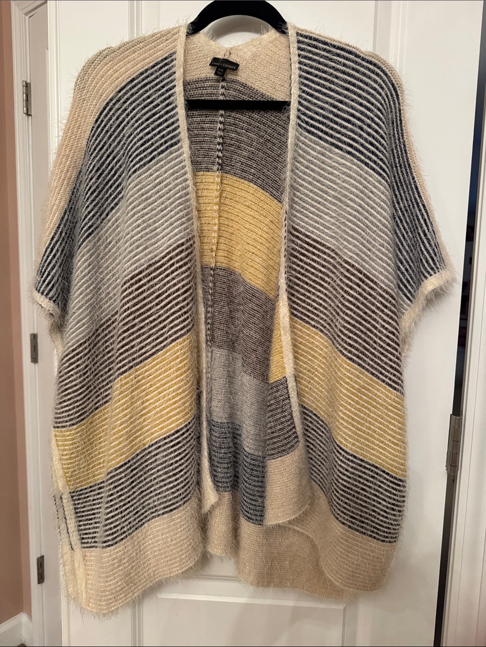 Coco + Carmen Striped Open-Front Poncho in Beige, Gray & Yellow